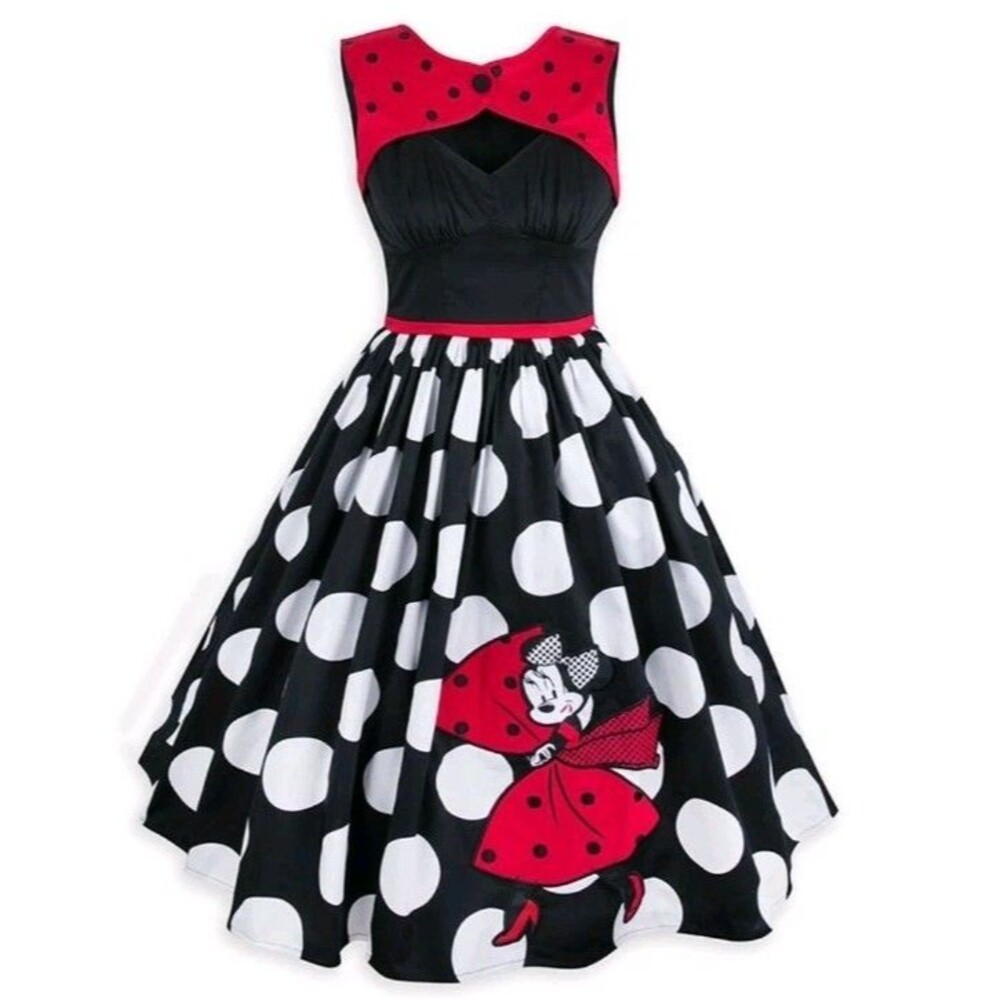 Disney 50s Retro Minnie Mouse Polka Dot Dress S Small Pockets Cotton